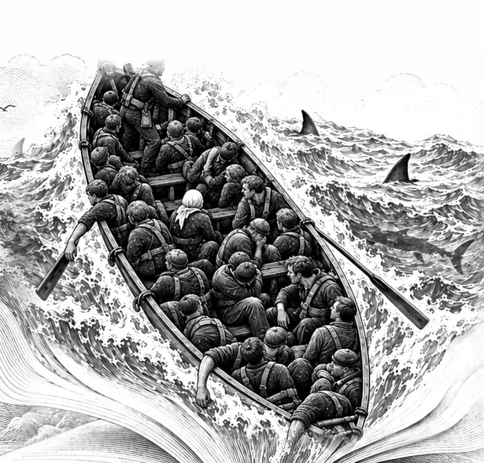 The lifeboat, from the illustration: a crowded boat riding a heavy sea