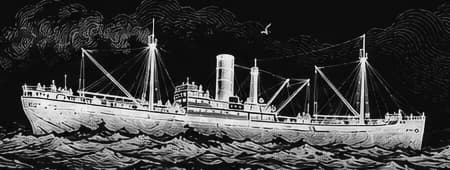 The freighter on the horizon, from the illustration, in white line on black