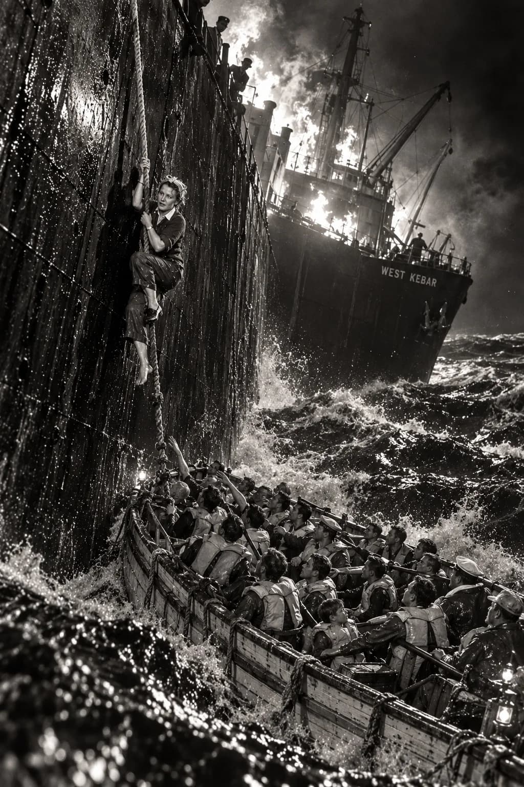 A reconstruction: Elizabeth Fowler goes down a rope from the side of the burning West Kebar towards a crowded lifeboat in a heavy sea at night