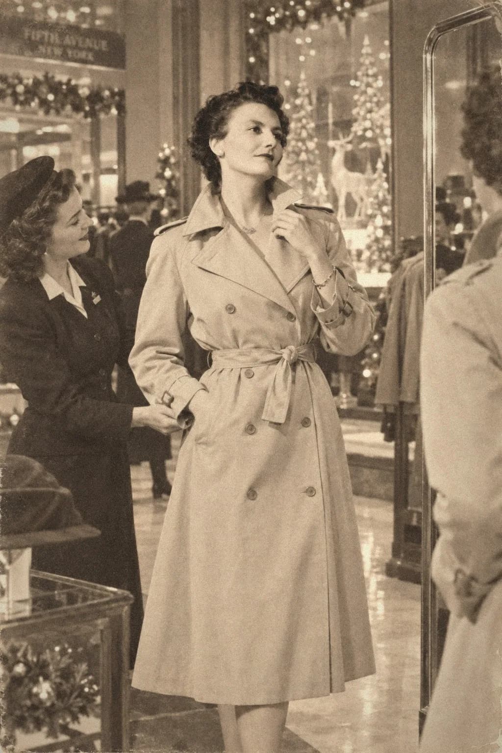 Reconstruction: Elizabeth Fowler trying on a Burberry trench coat in a Fifth Avenue store, New York, 1943