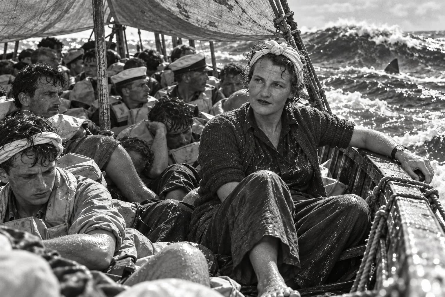 A reconstruction: Elizabeth Fowler sitting at the gunwale of the crowded lifeboat under a makeshift sail, the gold Rolex on her left wrist