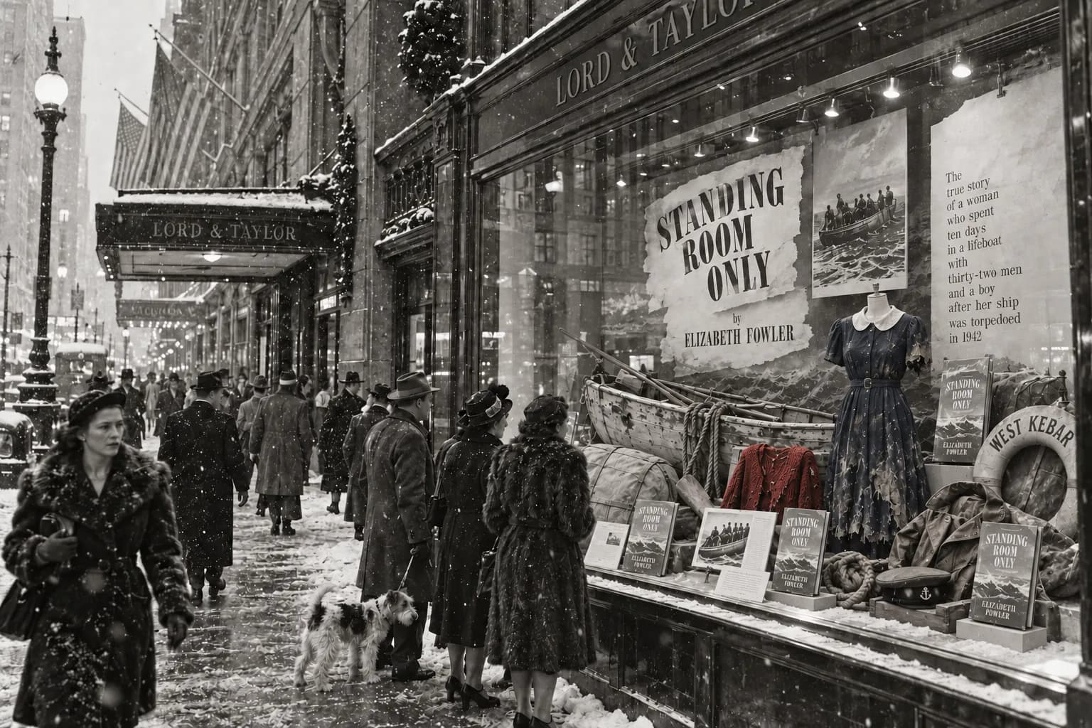 A reconstruction: New Yorkers in winter coats stop in the snow on Fifth Avenue outside the Lord and Taylor window, where Standing Room Only by Elizabeth Fowler is shown with a lifeboat, her navy linen dress, a scarlet knitted jacket and a West Kebar lifebuoy