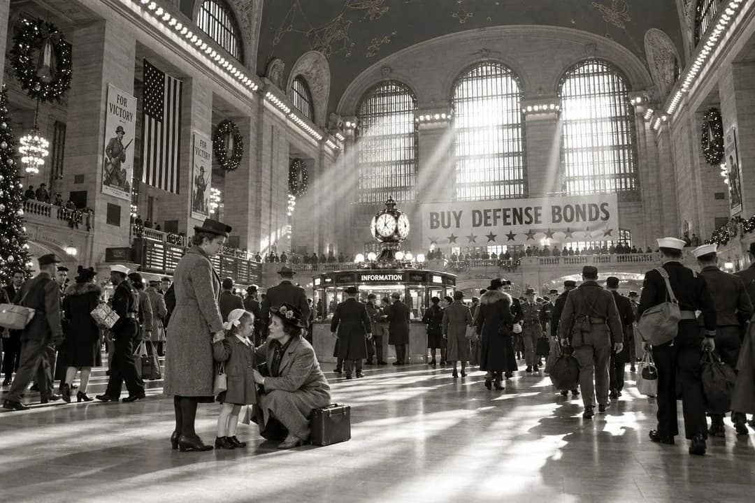 A reconstruction: under the clock on the concourse of Grand Central, Elizabeth Fowler crouches in her grey coat beside a small girl, Nicky, while a woman holds the child's hand and servicemen and travellers pass in shafts of winter light